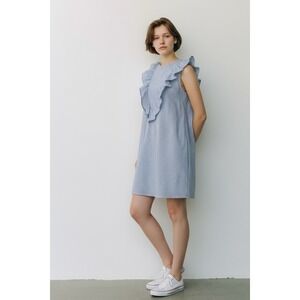 Express Blue Striped Dress Mini Shift Ruffle‎ Preppy Sleeveless Lined Cotton XS